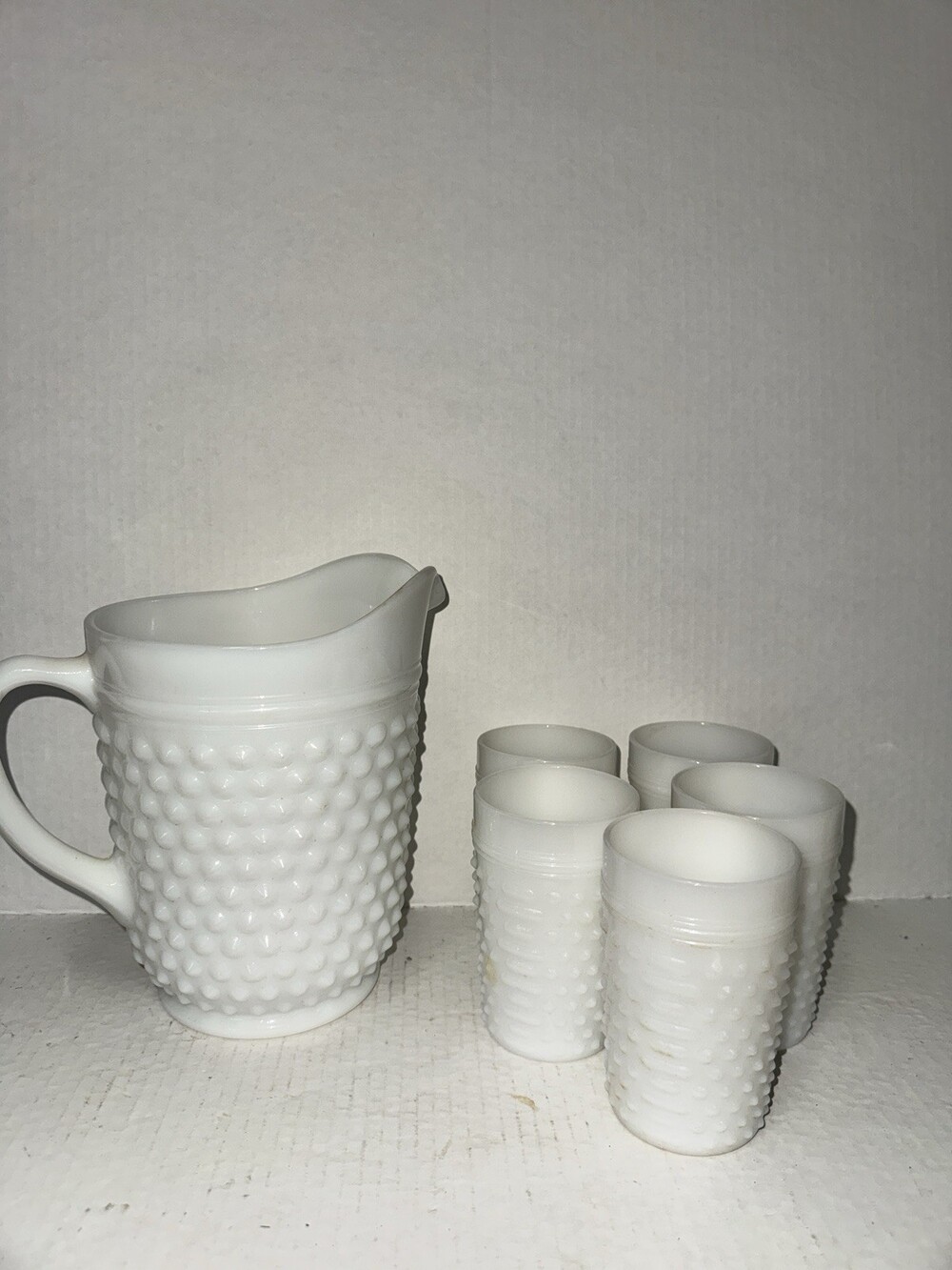 Vintage Anchor Hocking Hobnail White Milk Glass Pitcher & 5 Tumblers 6 Piece Set